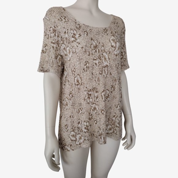 Worthington Tan Floral Popcorn Textured Stretch Short Sleeved Blouse 1X - Picture 3 of 9